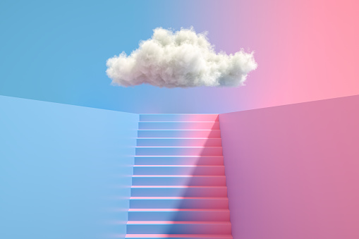 3d rendering of Staircase and cloud. Success, steps, ladder of success concept.