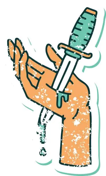 Vector illustration of distressed sticker tattoo style icon of a dagger in the hand