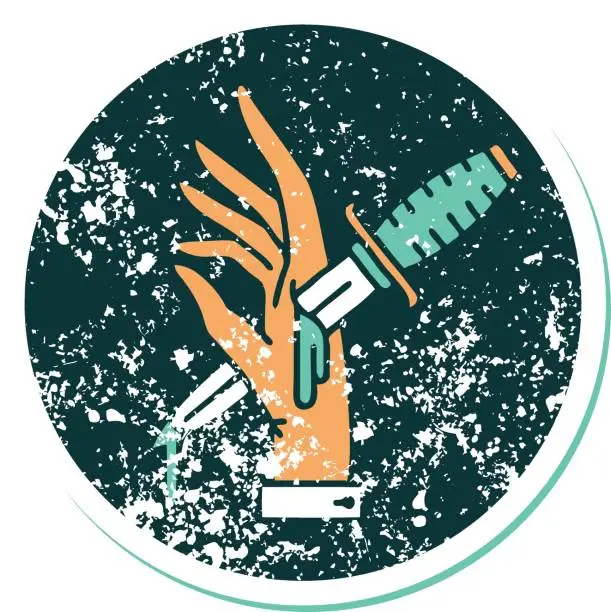 Vector illustration of distressed sticker tattoo style icon of a dagger in the hand