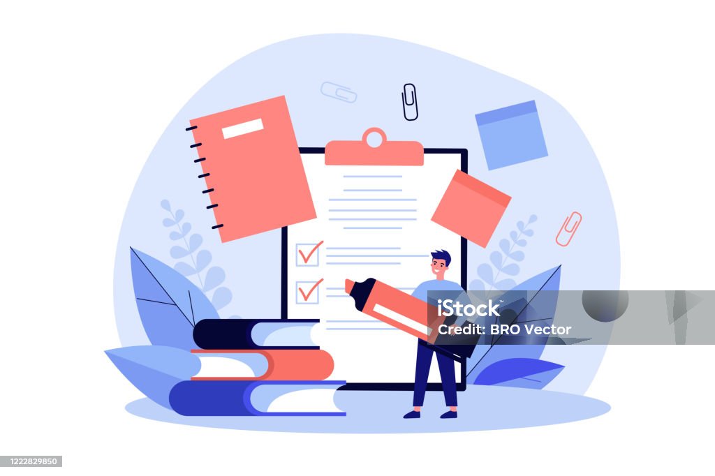 Man with marker making checklist Man with marker making checklist. Male character with school supplies, papers, notes, memos, notebook. Vector illustration for planning, manager job, stationery concept Planning stock vector