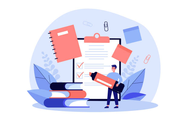 Man with marker making checklist Man with marker making checklist. Male character with school supplies, papers, notes, memos, notebook. Vector illustration for planning, manager job, stationery concept person writing on notepad stock illustrations
