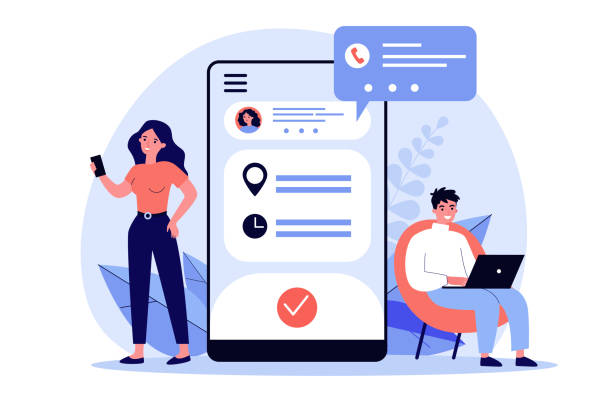 People using appointment business application People using appointment business application. Man and woman planning meeting with online app. Vector illustration for internet technology, mobile calendar concept phone calendar stock illustrations