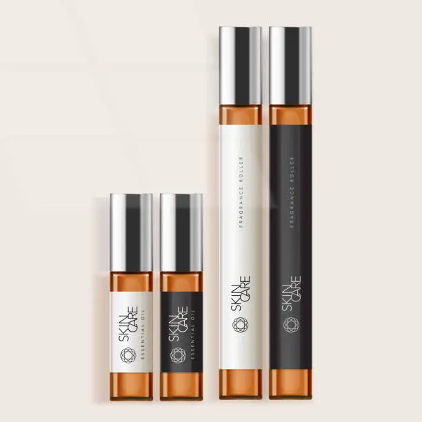 Vector illustration of Vector Aromatherapy Essential or Fragrance Oil Roll-on Bottle with Silver Plated Cap