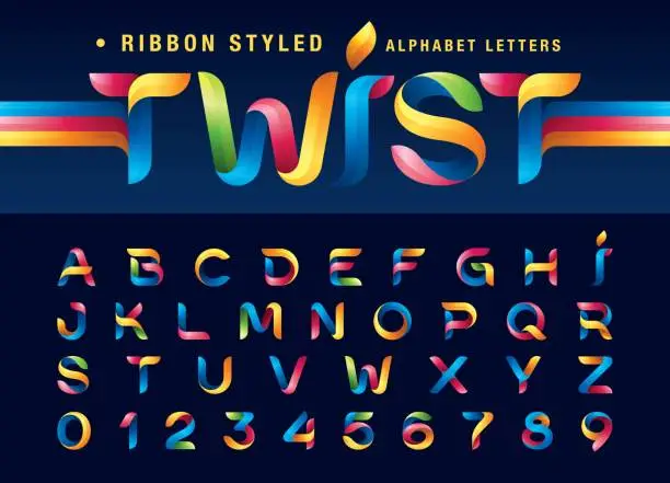 Vector illustration of Vector of Twist Ribbons Alphabet Letters and numbers, Modern Origami stylized rounded Lettering