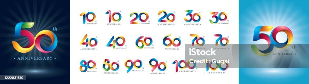 Satz von 10 bis 100 Jahre Logo-Design, Twist Bänder Logo, Origami stilisierte Zahl - Lizenzfrei Zahl Vektorgrafik