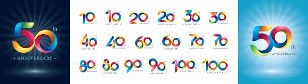 ilustraciones, imágenes clip art, dibujos animados e iconos de stock de conjunto de diseño logotipo de 10 a 100 o aniversario, logotipo de twist ribbons, número estilizado de origami - número