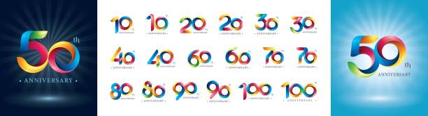 zestaw logotypu od 10 do 100 rocznicy, logo twist ribbons, numer stylizowany na origami - anniversary stock illustrations