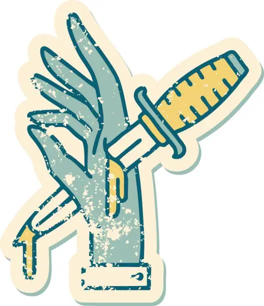 Vector illustration of distressed sticker tattoo style icon of a dagger in the hand