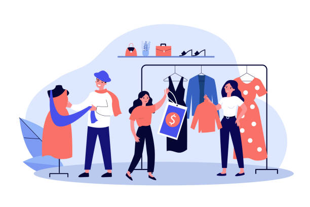 Shop sellers and assistance hanging clothes Shop sellers and assistance hanging clothes and price tags on racks. Main master designer dressing mannequin. Vector illustration for boutique, fashion house, industry, clothing design concept clothing hang tags stock illustrations