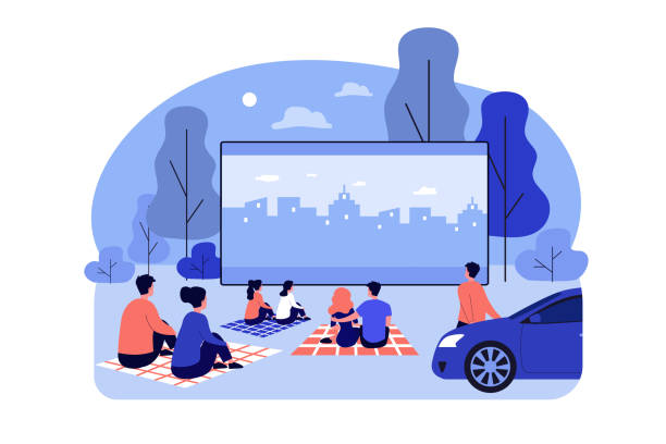 Outdoor cinema theater big screen Outdoor cinema theater big screen. Friends and dating couples watching open air movie at night. Vector illustration for evening leisure, vacation, weekend concept billboard illustrations stock illustrations