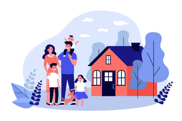 Happy family couple with kids and pet standing together Happy family couple with kids and pet standing together outside, in front of their house. Vector illustration for home, real estate, residential area concept happy family stock illustrations