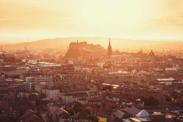 Top view of Edinburgh Castle and city in sunlight stock photo