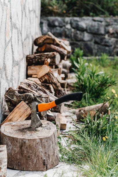 istock Axe for the crib logs sticks stuck in a tree 1222837915