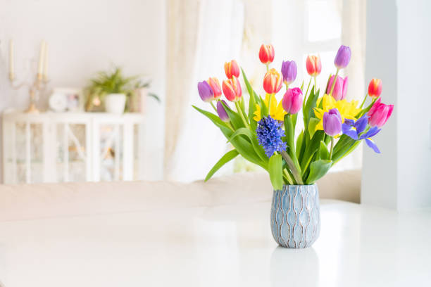 fresh spring colorful bouquet of tulips, daffodils, irises in vase standing on white marble table with light classic design living room background. festive flowers for gift. mockup for greeting card. - tulip vase flower spring imagens e fotografias de stock