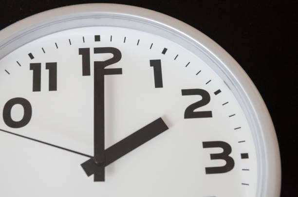 istock Close up of black and white analog clock with selective focus at 2 Oclock. Time concept 1222840263