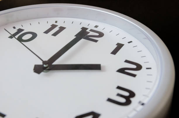 istock Close up of black and white analog clock with selective focus at 2 Oclock. Time concept 1222840326