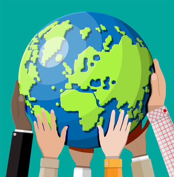 손을 지구에 도달. - globe human hand earth world map stock illustrations