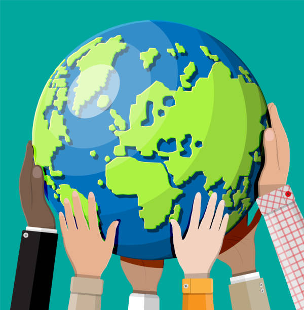 ilustrações de stock, clip art, desenhos animados e ícones de hands reaching for the earth. - globe human hand earth world map