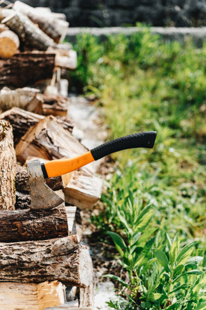 istock Axe for the crib logs sticks stuck in a tree 1222840555