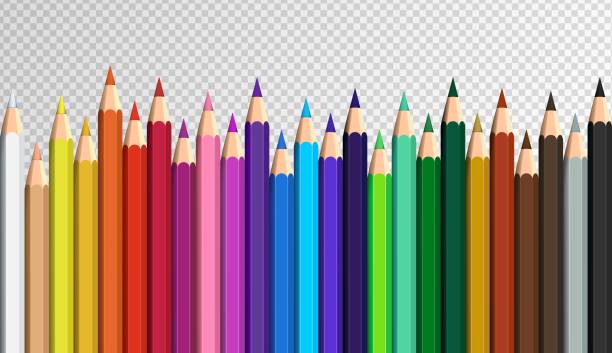 Colored pencils laying in row. Colorful rainbow set Colored pencils laying in row. Wave line made by pencil tips. Set of crayons for illustrations, art, studying. Ready for school stuff. colored pencil stock illustrations