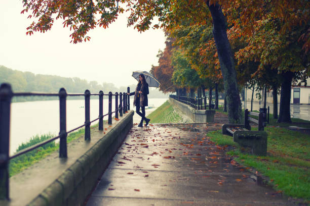 istock Woman with umbrella on a rainy autumn day 1222845686