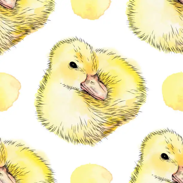 Vector illustration of Cute Baby Duckling Watercolor and Ink Seamless Pattern - Vector EPS10 Illustration