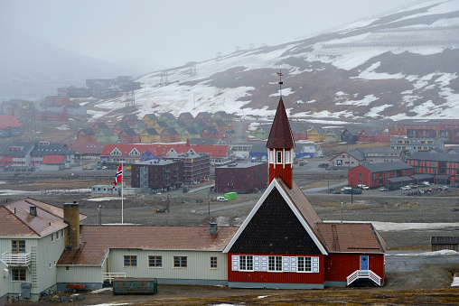 View to the street of Longyearbyen, Norway.