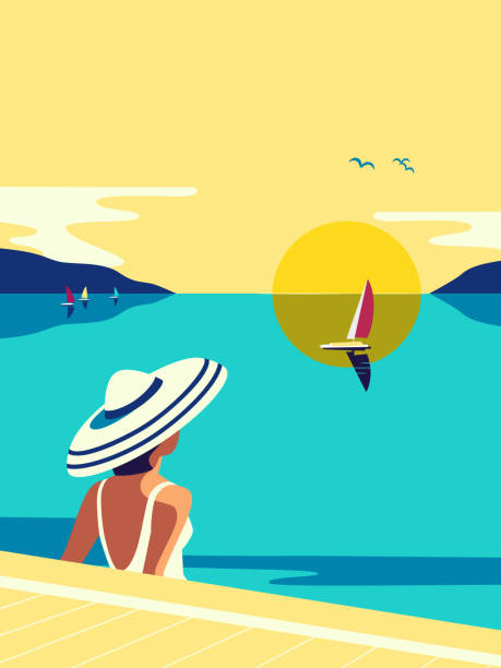 Girl sitting in water enjoys seaside sunset vector Girl sitting in water enjoys seaside sunset flat color vector. Sea scenic view hand drawn pop art retro style. Holiday vacation season travel leisure cartoon. Tourist trip rest background illustration progress illustrations stock illustrations