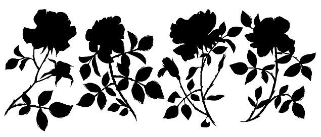 floral set isolated on white. Large black ink tattoo roses silhouettes collection. Sketch black shadow flat single flowers for prints, card, poster, banner, icons.