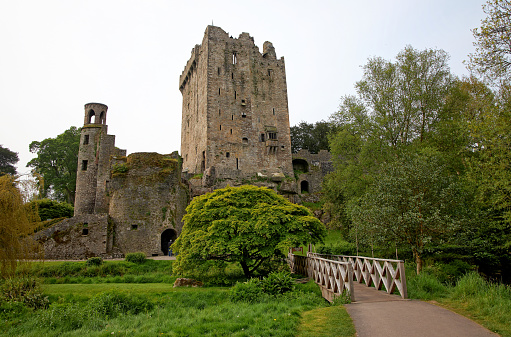 Blarney Castle is a medieval stone structure in County Cork. Famous for the Blarney Stone. Greenery and bridge in foreground.