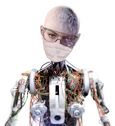 Masked rescue robot illustration on white background. Institutions that cannot find adequate medical workers against pandemics will soon benefit from robots. Cyborgs can work more efficiently without getting tired and threatening disease. Artificial intelligence will help us understand viral diseases.
