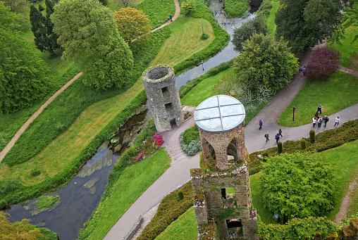 Blarney Castle grounds from high in the tower near the Blarney Stone. Pathways and shades of green.
