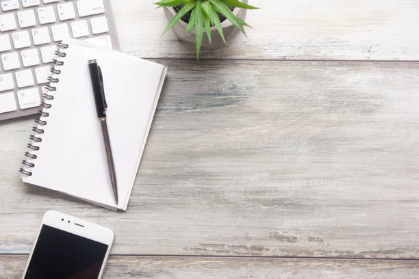 istock Office desk table with supplies. Flat lay Business workplace and objects. Top view. Copy space for text 1222850220