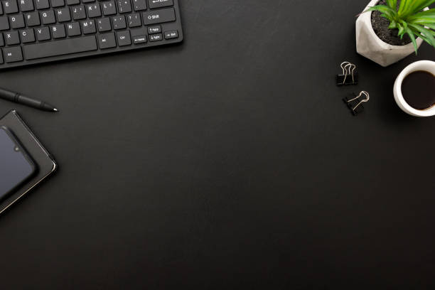 istock Office desk table with supplies. Flat lay Business workplace and objects. Top view. Copy space for text 1222850262