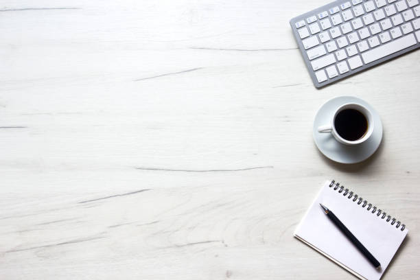 istock Office desk table with supplies. Flat lay Business workplace and objects. Top view. Copy space for text 1222850289