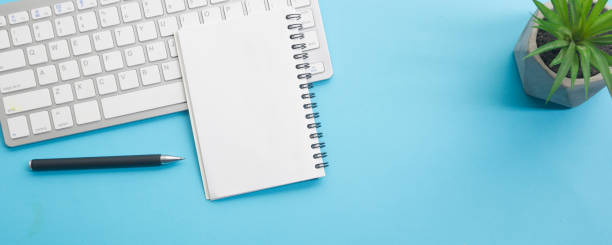 istock Office desk table with supplies. Flat lay Business workplace and objects. Top view. Copy space for text 1222850299