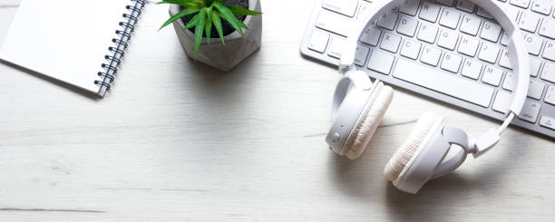 istock Office desk table with supplies. Flat lay Business workplace and objects. Top view. Copy space for text 1222850822