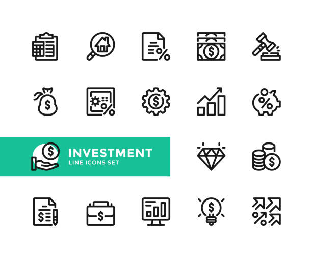 Investment vector line icons. Simple set of outline symbols, modern linear graphic design elements. Investment icons set. Pixel Perfect Investment vector line icons. Simple set of outline symbols, modern linear graphic design elements. Investment icons set. Pixel Perfect financial advisor percentage sign business finance stock illustrations