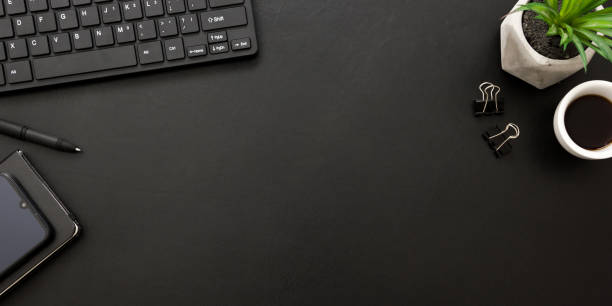 istock Office desk table with supplies. Flat lay Business workplace and objects. Top view. Copy space for text 1222851045