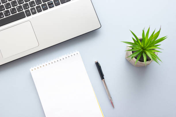 istock Office desk table with supplies. Flat lay Business workplace and objects. Top view. Copy space for text 1222851314
