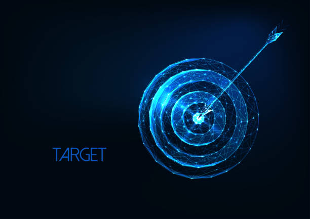 illustrazioni stock, clip art, cartoni animati e icone di tendenza di successo futuristico, concetto di obiettivo con bersaglio poligonale basso e freccia incandescente - success target dart darts