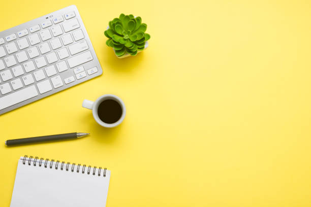 istock Office desk table with supplies. Flat lay Business workplace and objects. Top view. Copy space for text 1222851605