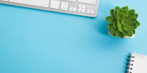 istock Office desk table with supplies. Flat lay Business workplace and objects. Top view. Copy space for text 1222852369
