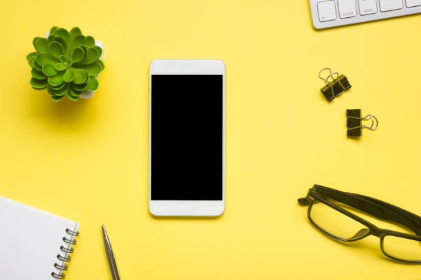 istock Office desk table with supplies. Flat lay Business workplace and objects. Top view. Copy space for text 1222852543