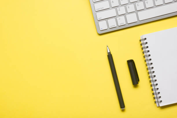 istock Office desk table with supplies. Flat lay Business workplace and objects. Top view. Copy space for text 1222852563