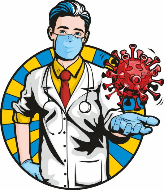 Vector illustration of Male Doctor Holding Virus Bacteria