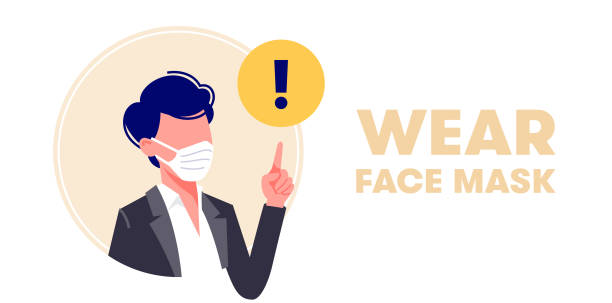 Wearing face mask vector illustration in flat design. Man in protective medical masks. Protection from virus (coronavirus), bacterium, urban air pollution, smog, pollutant gas emission. vector art illustration