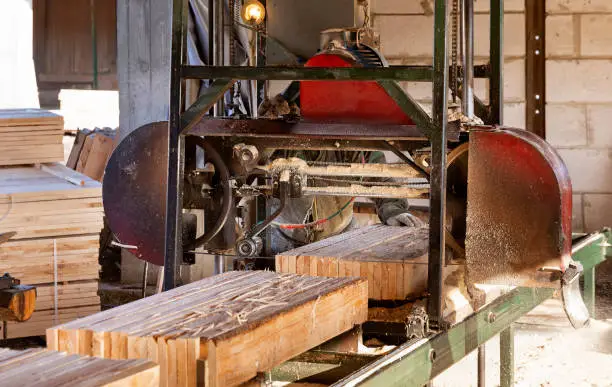 Photo of Working tape sawmill in action, close-up