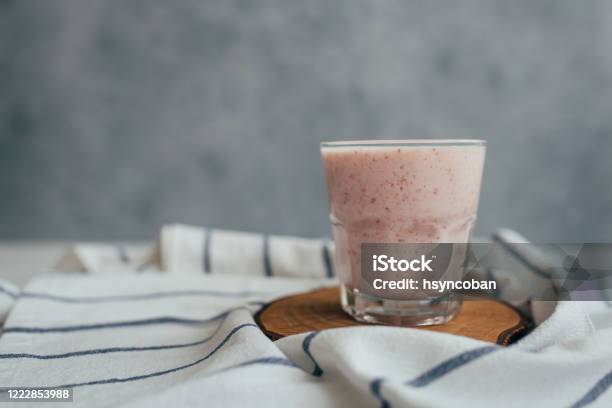 Fresh Strawberry And Banana Smoothie In Glass Stock Photo - Download Image Now - Strawberry Milkshake, Strawberry Smoothie, Banana