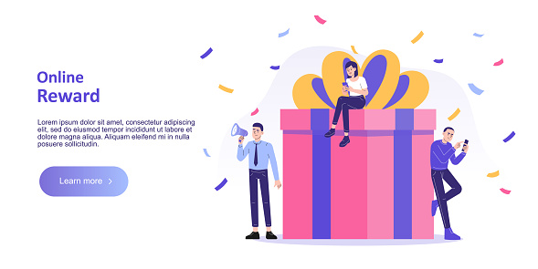 Online reward concept. Happy people receive a big gift box. Digital referral and reward program. Online store or shop loyalty program and bonus. Landing page template. Vector illustration